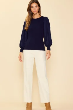 SKIES ARE BLUE Long Sleeve Tops*Mixed Media Pleated Sleeve Top Navy