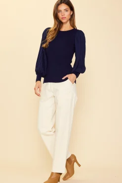 SKIES ARE BLUE Long Sleeve Tops*Mixed Media Pleated Sleeve Top Navy