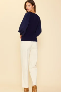SKIES ARE BLUE Long Sleeve Tops*Mixed Media Pleated Sleeve Top Navy