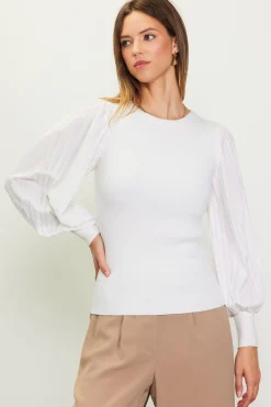 SKIES ARE BLUE Long Sleeve Tops*Mixed Media Pleated Sleeve Top Offwhite