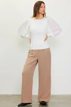 SKIES ARE BLUE Long Sleeve Tops*Mixed Media Pleated Sleeve Top Offwhite