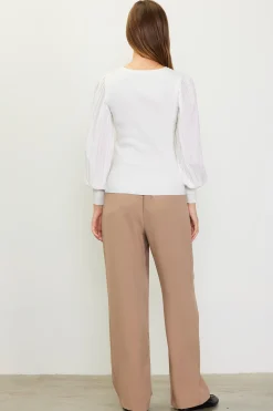 SKIES ARE BLUE Long Sleeve Tops*Mixed Media Pleated Sleeve Top Offwhite