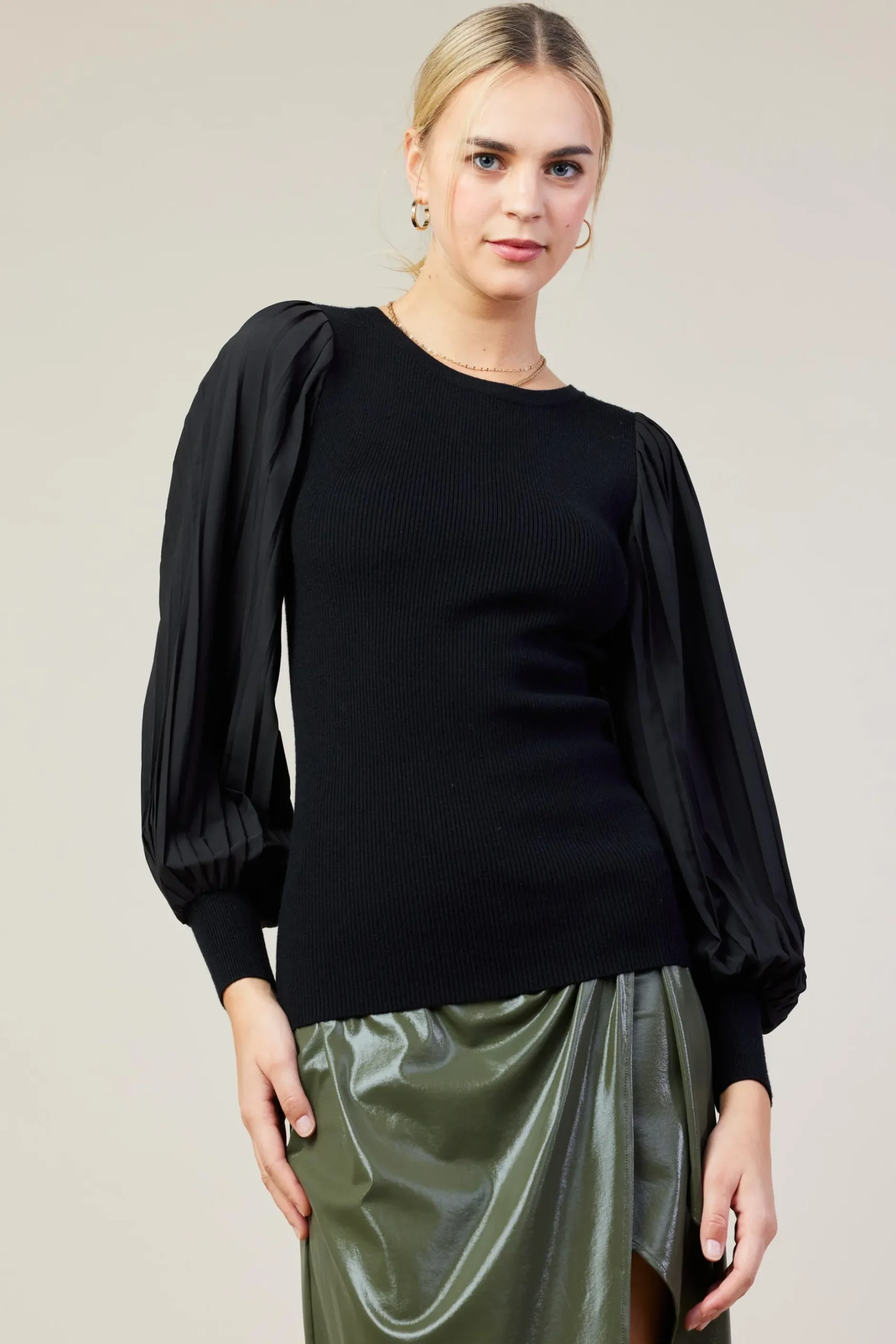 SKIES ARE BLUE Long Sleeve Tops*Mixed Media Pleated Sleeve Top Black