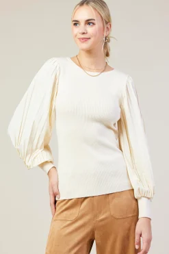SKIES ARE BLUE Long Sleeve Tops*Mixed Media Pleated Sleeve Top Cream