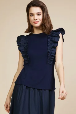 SKIES ARE BLUE Sleeveless Tops*Mixed Media Ruffled Knit Top Navy