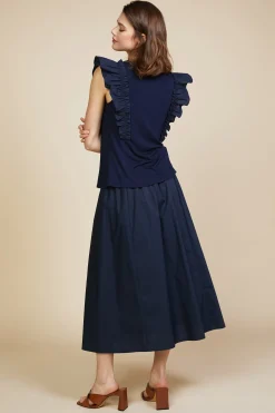 SKIES ARE BLUE Sleeveless Tops*Mixed Media Ruffled Knit Top Navy