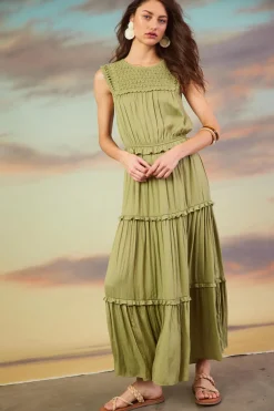 SKIES ARE BLUE Midi Dresses*Mixed Media Ruffled Tiered Midi Dress Sweetpea