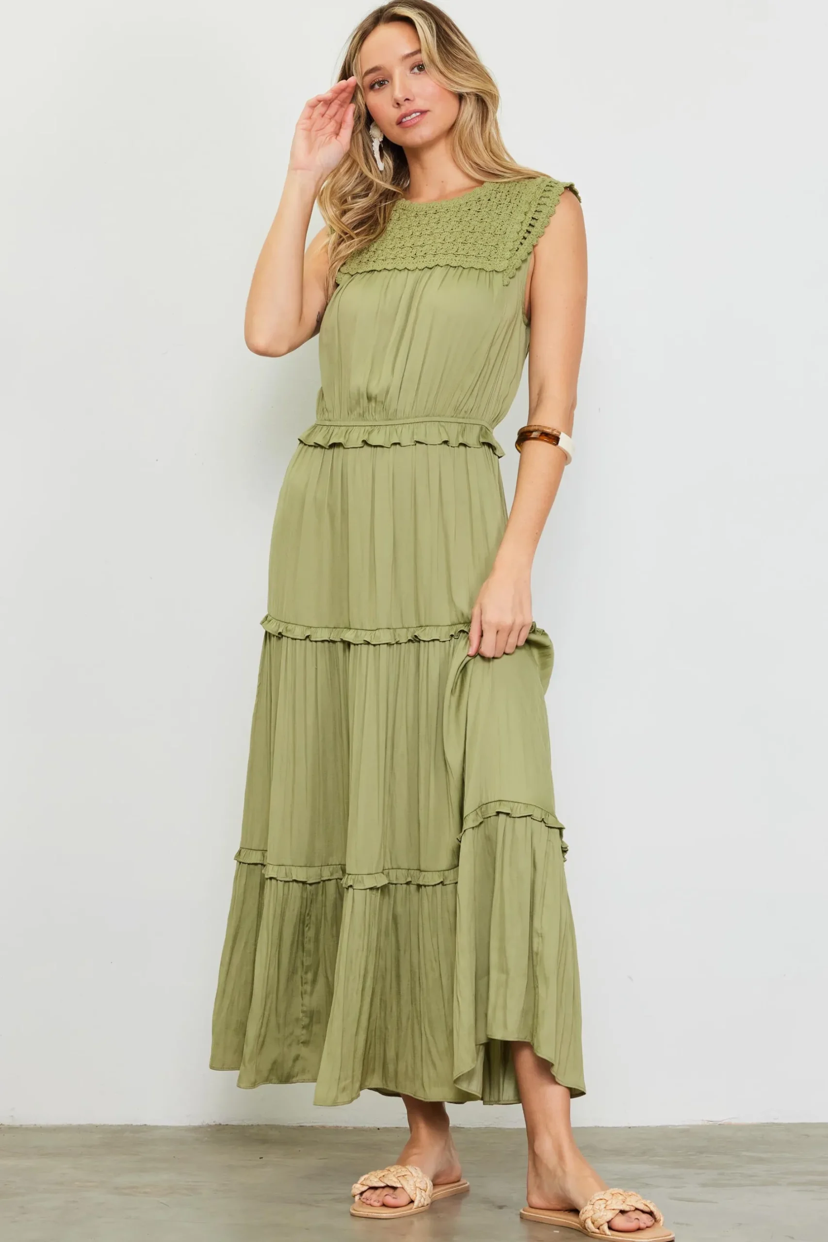 SKIES ARE BLUE Midi Dresses*Mixed Media Ruffled Tiered Midi Dress Sweetpea