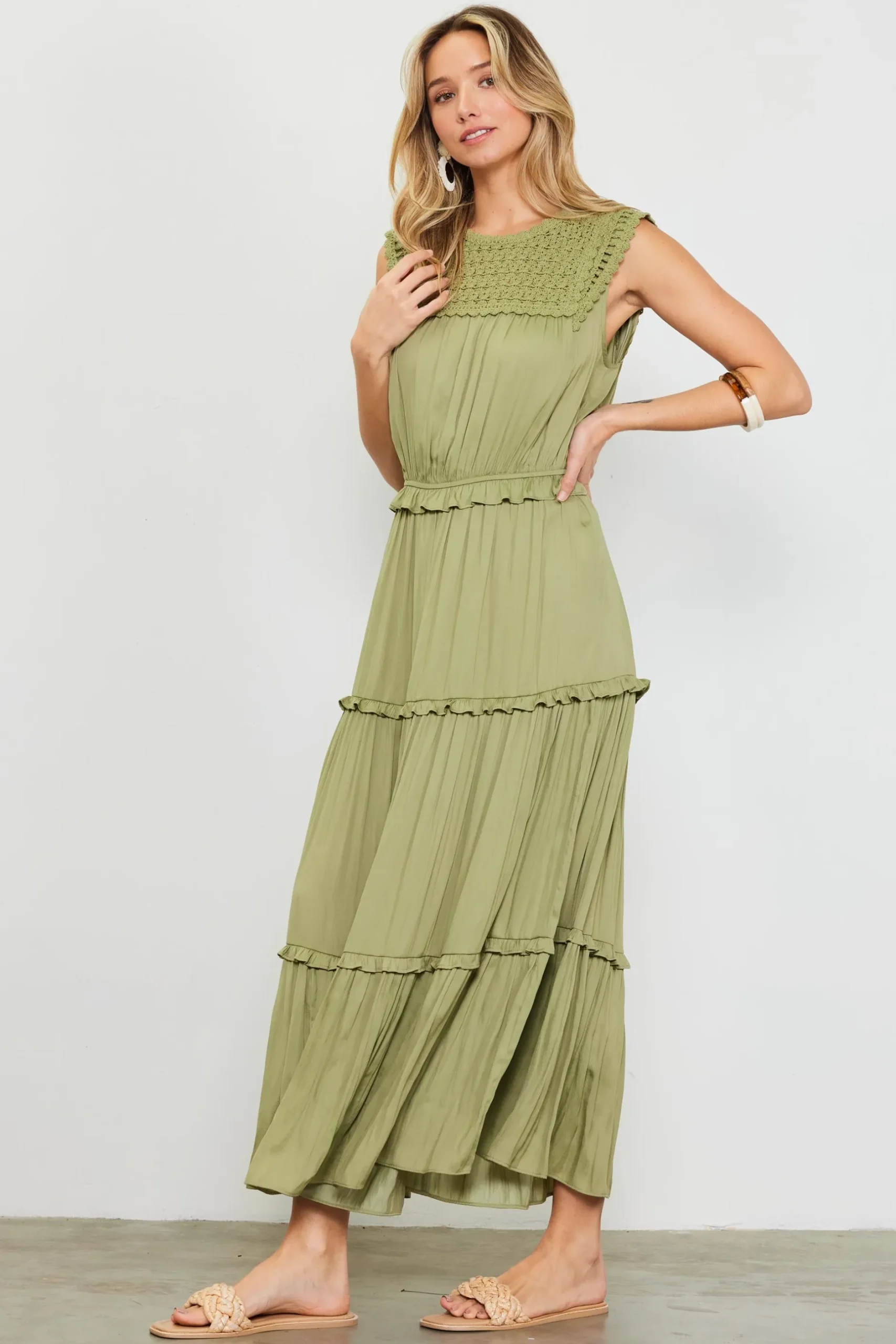 SKIES ARE BLUE Midi Dresses*Mixed Media Ruffled Tiered Midi Dress Sweetpea