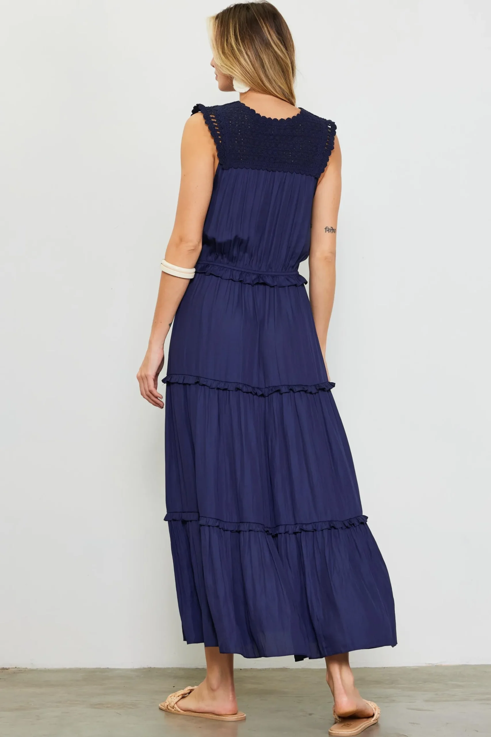 SKIES ARE BLUE Midi Dresses*Mixed Media Ruffled Tiered Midi Dress Navy