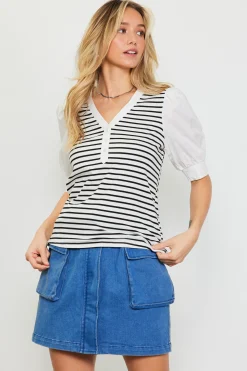 SKIES ARE BLUE Short Sleeve Tops*Mixed Media Striped Puff Sleeve Top Offwhite-black