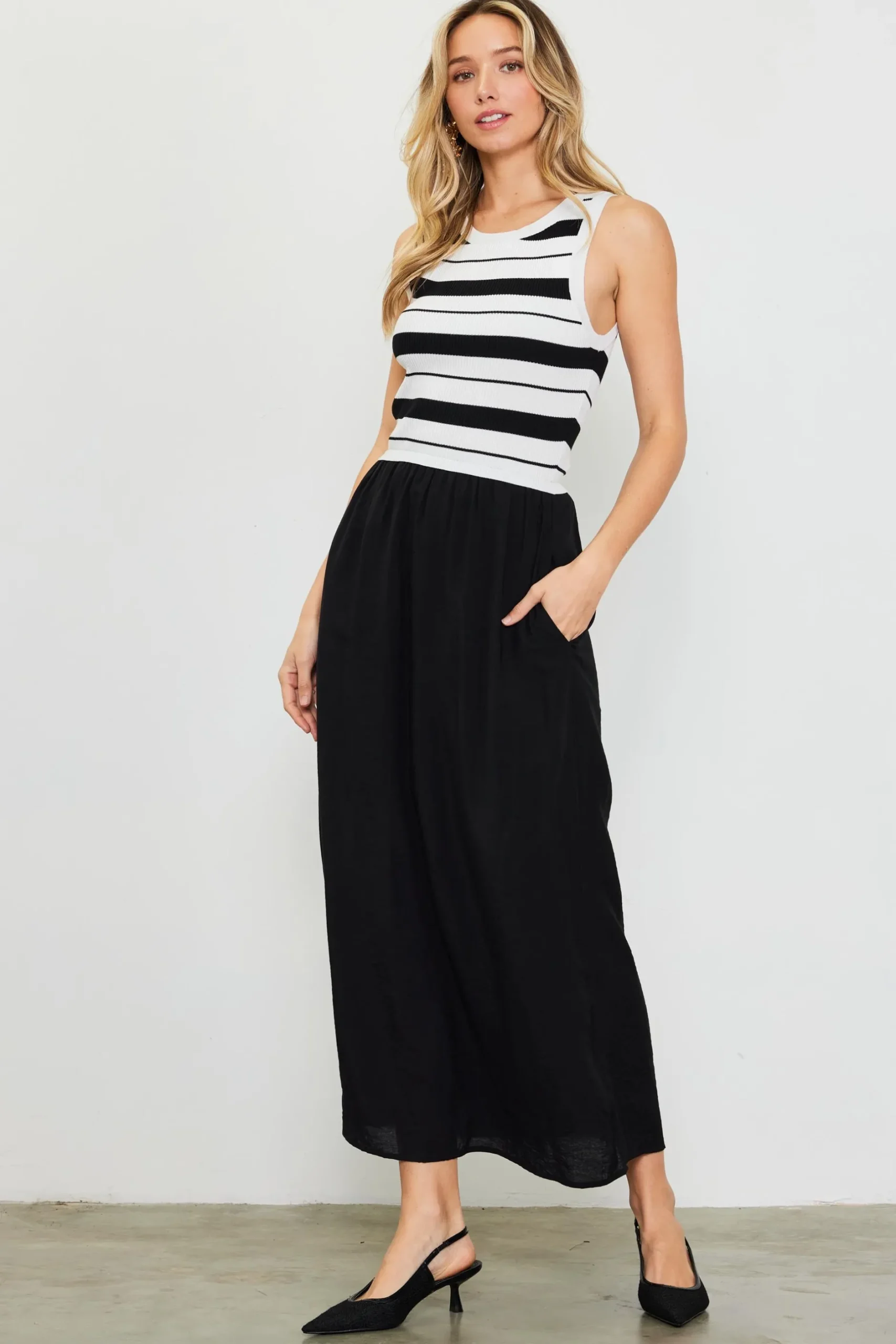SKIES ARE BLUE Midi Dresses*Mixed Media Striped Sleeveless Midi Dress Black