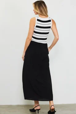 SKIES ARE BLUE Midi Dresses*Mixed Media Striped Sleeveless Midi Dress Black