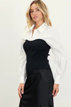 SKIES ARE BLUE Long Sleeve Tops*Mixed Media Twofer Blouse White-black