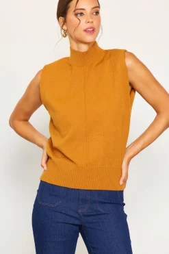 SKIES ARE BLUE Short Sleeve Tops*Mock Neck Sleeveless Knit Top Mustard