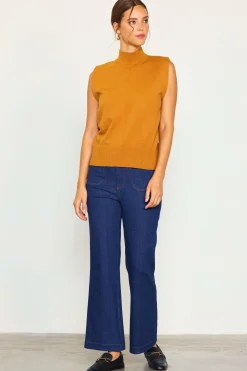 SKIES ARE BLUE Short Sleeve Tops*Mock Neck Sleeveless Knit Top Mustard