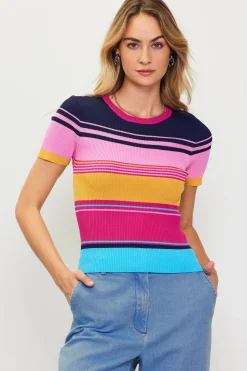 SKIES ARE BLUE Short Sleeve Tops|Sweaters*Multicolor Stripe Knit Top Rainbow