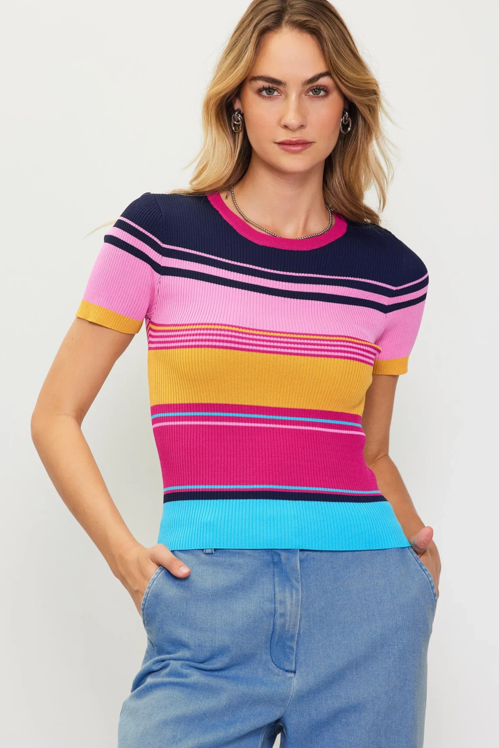 SKIES ARE BLUE Short Sleeve Tops|Sweaters*Multicolor Stripe Knit Top Rainbow