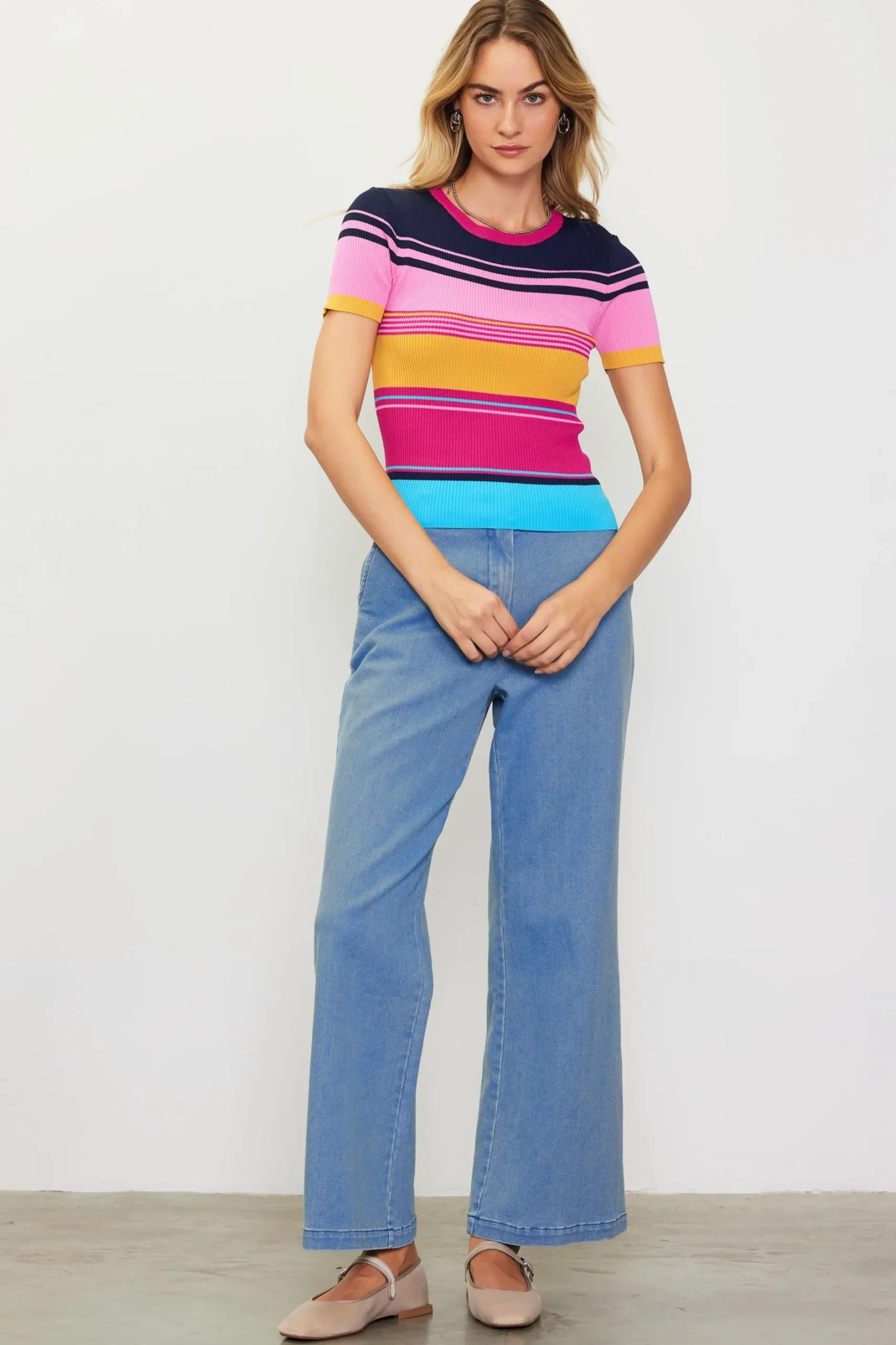 SKIES ARE BLUE Short Sleeve Tops|Sweaters*Multicolor Stripe Knit Top Rainbow