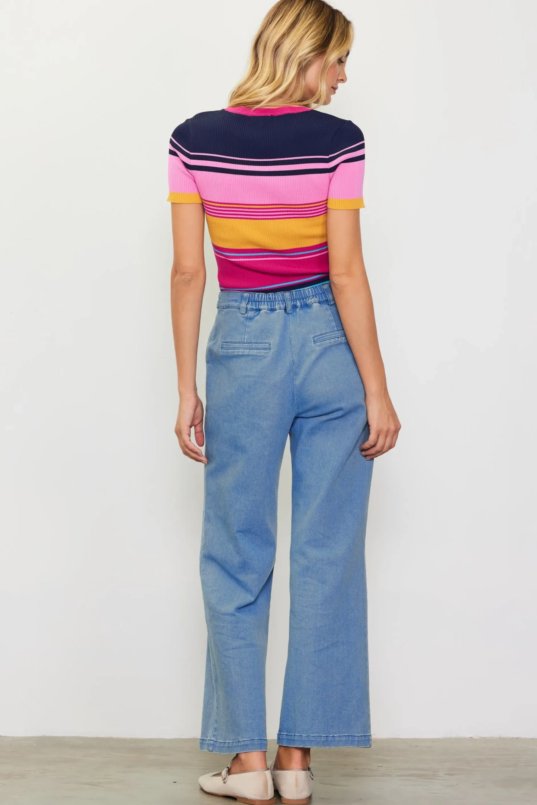SKIES ARE BLUE Short Sleeve Tops|Sweaters*Multicolor Stripe Knit Top Rainbow