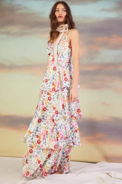 SKIES ARE BLUE Maxi Dresses*Natalia Floral Tiered Maxi Dress White-red
