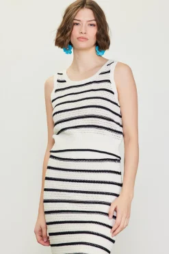 SKIES ARE BLUE Sleeveless Tops*Nautical Stripe Crochet Tank Top White-black