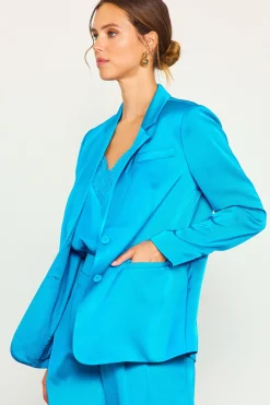 SKIES ARE BLUE Blazers*Neon Satin Welt Pocket Blazer Turquoise