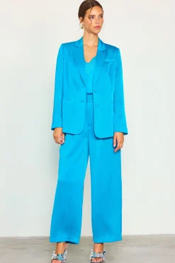 SKIES ARE BLUE Blazers*Neon Satin Welt Pocket Blazer Turquoise