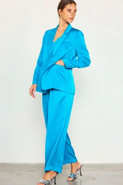 SKIES ARE BLUE Blazers*Neon Satin Welt Pocket Blazer Turquoise