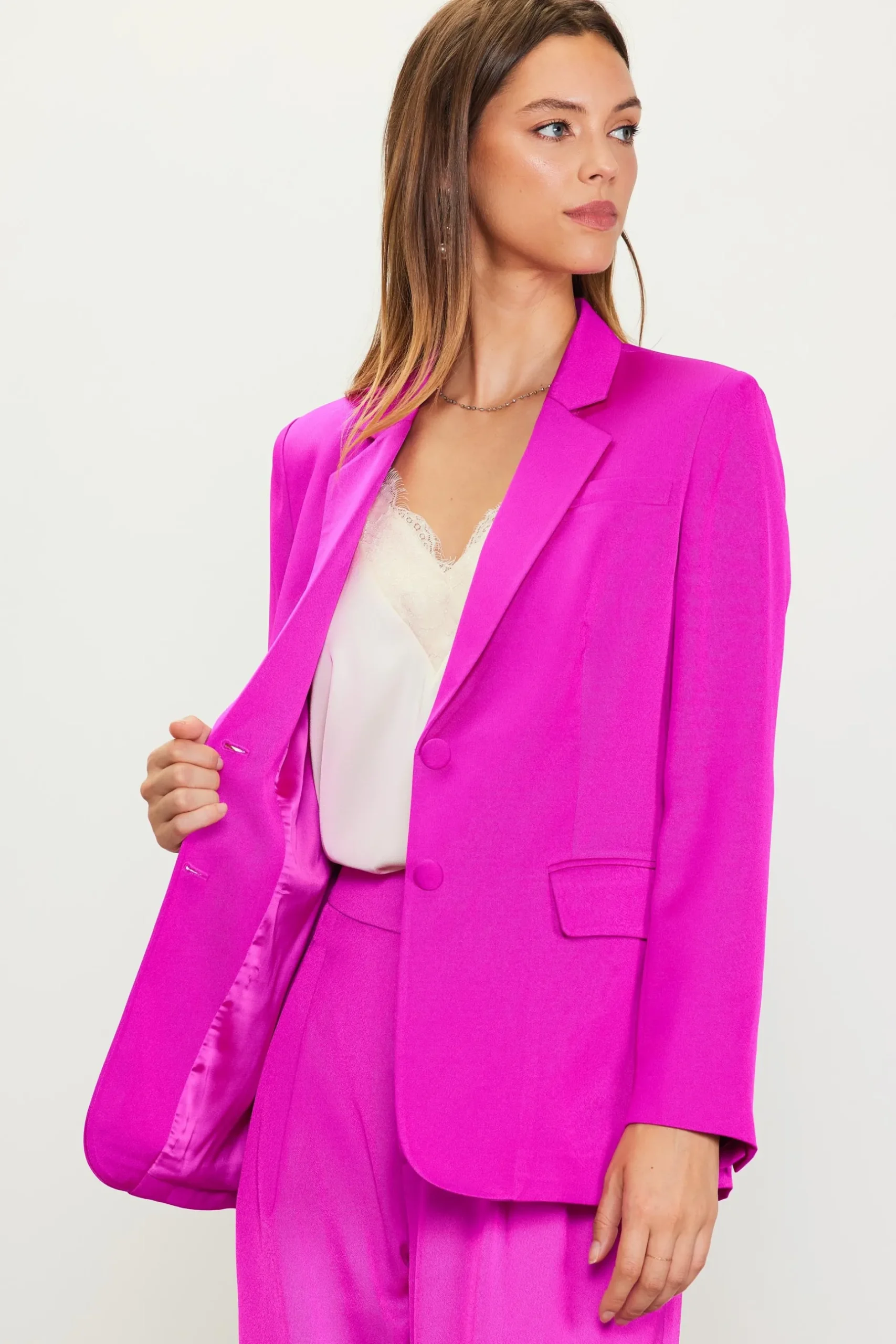 SKIES ARE BLUE Blazers*Neon Satin Welt Pocket Blazer Magenta