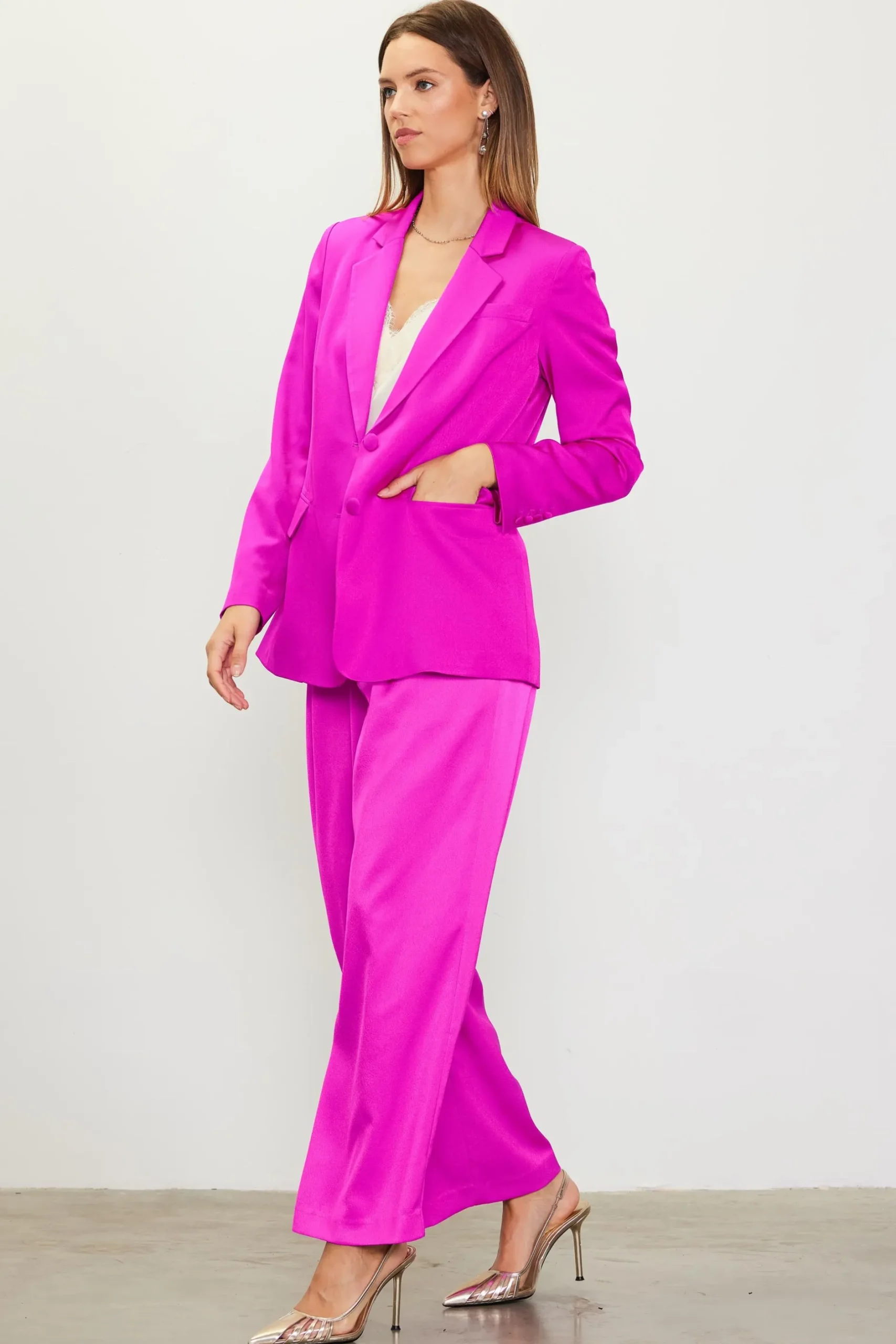 SKIES ARE BLUE Blazers*Neon Satin Welt Pocket Blazer Magenta