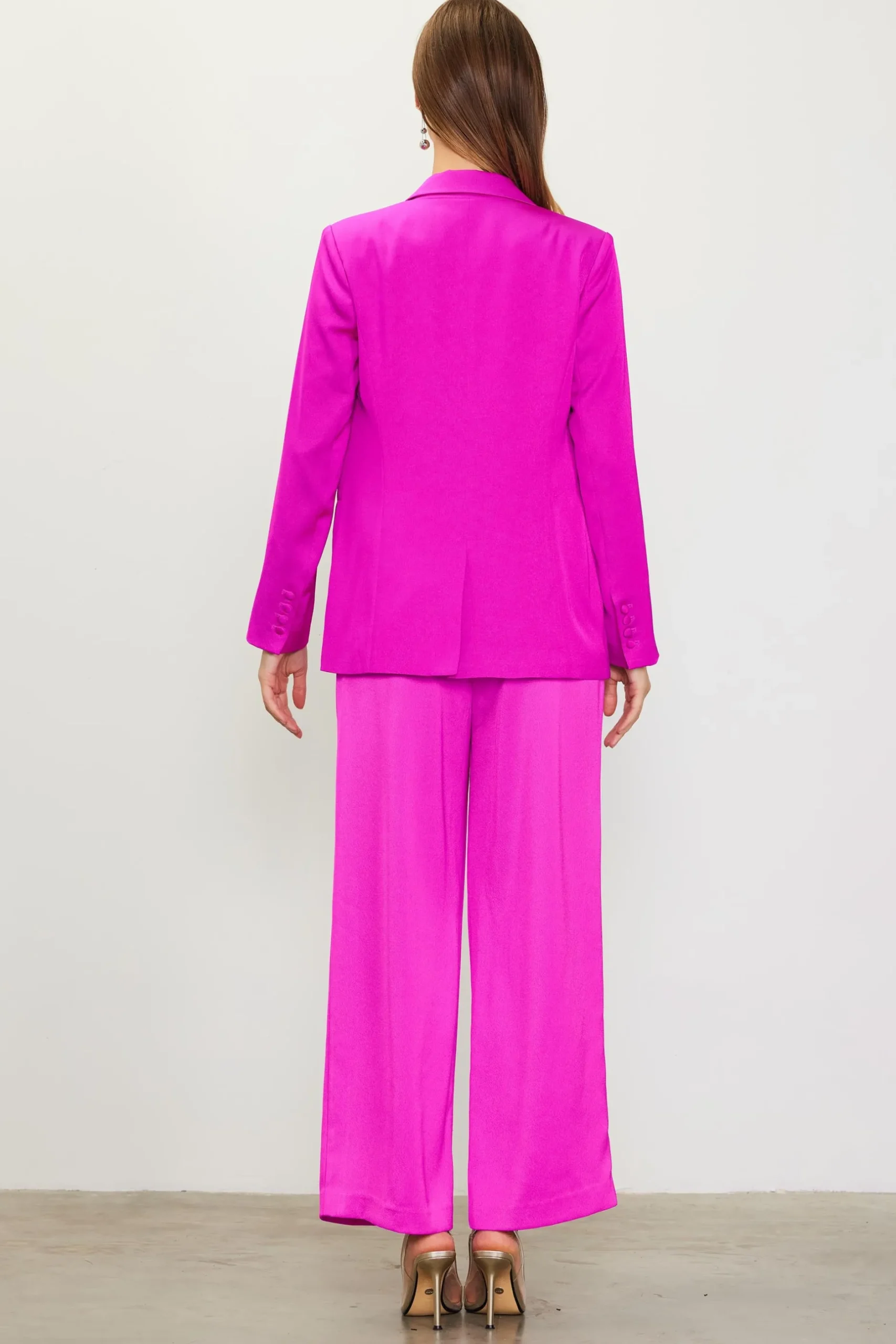 SKIES ARE BLUE Blazers*Neon Satin Welt Pocket Blazer Magenta