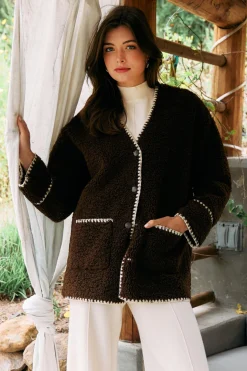SKIES ARE BLUE Outerwear*Noelle Contrast Stitch Detail Sherpa Coat Chocolate-cream
