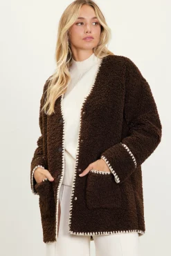 SKIES ARE BLUE Outerwear*Noelle Contrast Stitch Detail Sherpa Coat Chocolate-cream