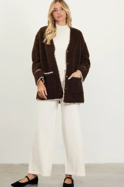 SKIES ARE BLUE Outerwear*Noelle Contrast Stitch Detail Sherpa Coat Chocolate-cream