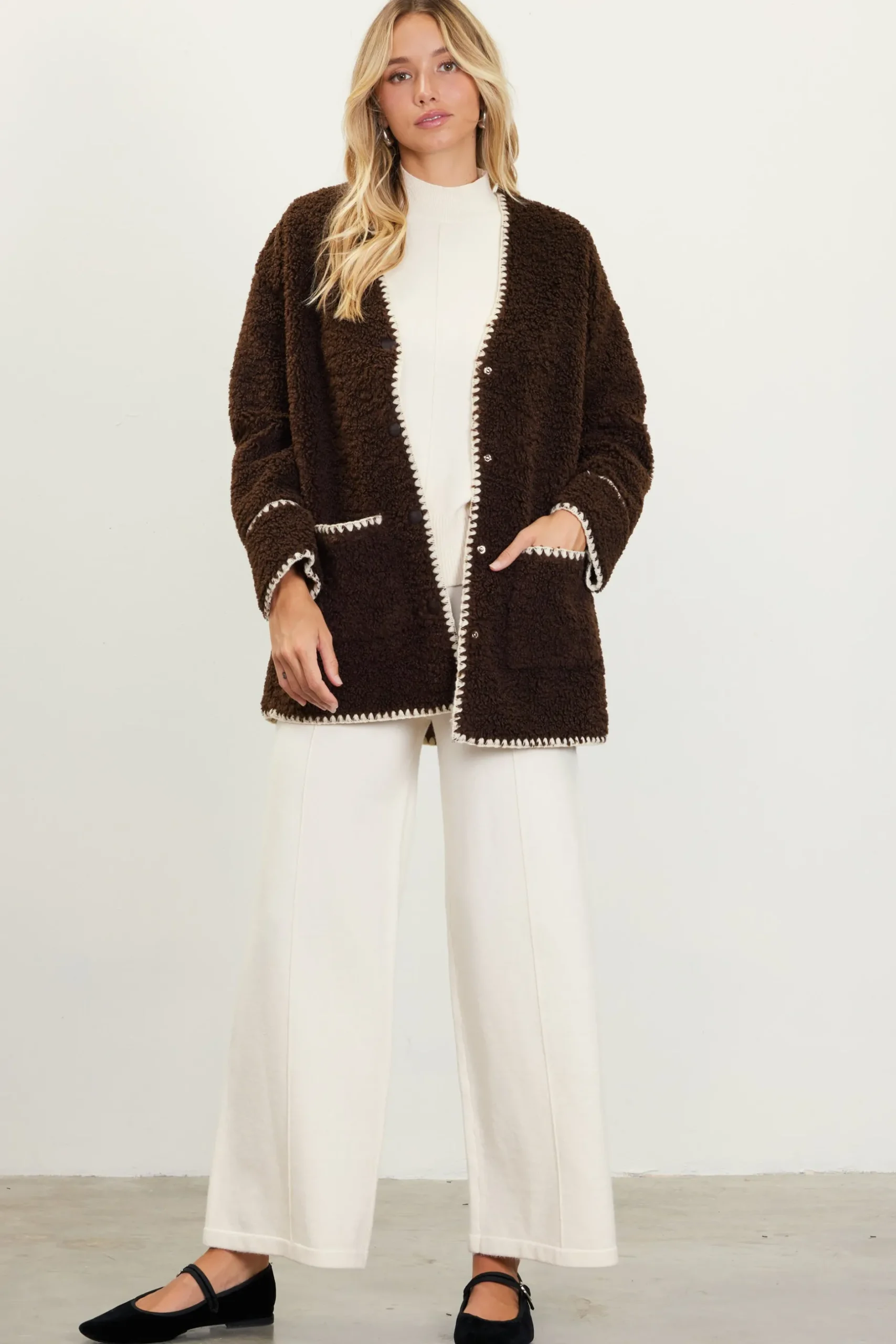 SKIES ARE BLUE Outerwear*Noelle Contrast Stitch Detail Sherpa Coat Chocolate-cream