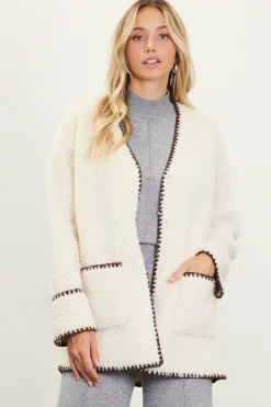 SKIES ARE BLUE Outerwear*Noelle Contrast Stitch Detail Sherpa Coat Cream-chocolate