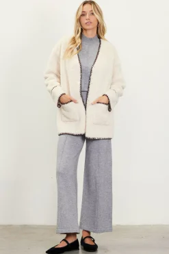 SKIES ARE BLUE Outerwear*Noelle Contrast Stitch Detail Sherpa Coat Cream-chocolate