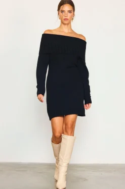 SKIES ARE BLUE Mini Dresses|Sweaters*Off Shoulder Mini Sweater Dress Black