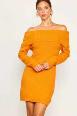SKIES ARE BLUE Mini Dresses|Sweaters*Off Shoulder Mini Sweater Dress Tangerine