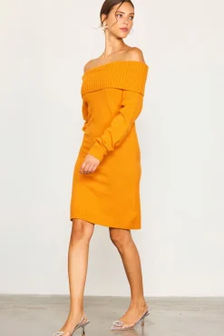 SKIES ARE BLUE Mini Dresses|Sweaters*Off Shoulder Mini Sweater Dress Tangerine