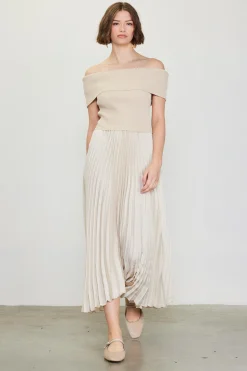 SKIES ARE BLUE Midi Dresses*Off Shoulder Mixed Media Pleated Dress Ivory