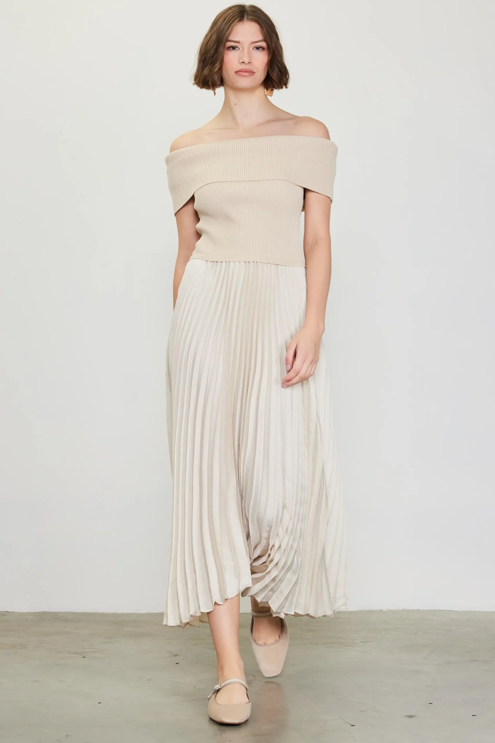 SKIES ARE BLUE Midi Dresses*Off Shoulder Mixed Media Pleated Dress Ivory