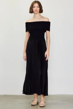 SKIES ARE BLUE Midi Dresses*Off Shoulder Mixed Media Pleated Dress Black