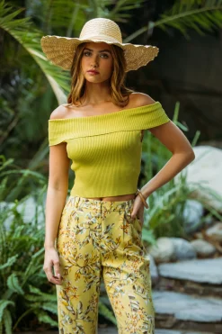 SKIES ARE BLUE Sleeveless Tops*Off Shoulder Ribbed Knit Top Pistachio