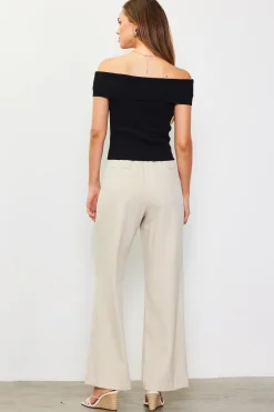SKIES ARE BLUE Short Sleeve Tops*Off Shoulder Ribbed Knit Top Black