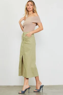SKIES ARE BLUE Short Sleeve Tops*Off Shoulder Ribbed Knit Top Taupe