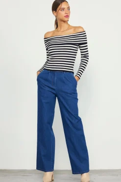 SKIES ARE BLUE Long Sleeve Tops*Off Shoulder Stripped Knit Top Black-cream