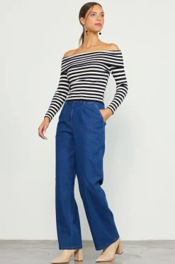 SKIES ARE BLUE Long Sleeve Tops*Off Shoulder Stripped Knit Top Black-cream