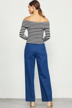 SKIES ARE BLUE Long Sleeve Tops*Off Shoulder Stripped Knit Top Black-cream